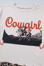 COWGIRL Print Leopard Ruffle Hem Patchwork T Shirt