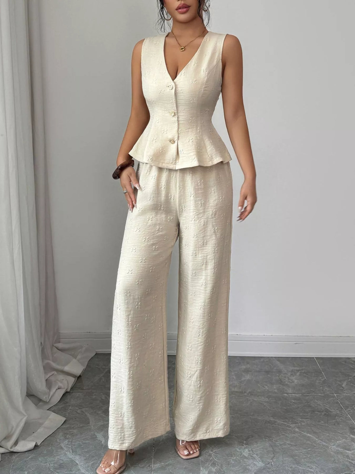 Sleeveless Peplum Top and Wide Leg Pants Set