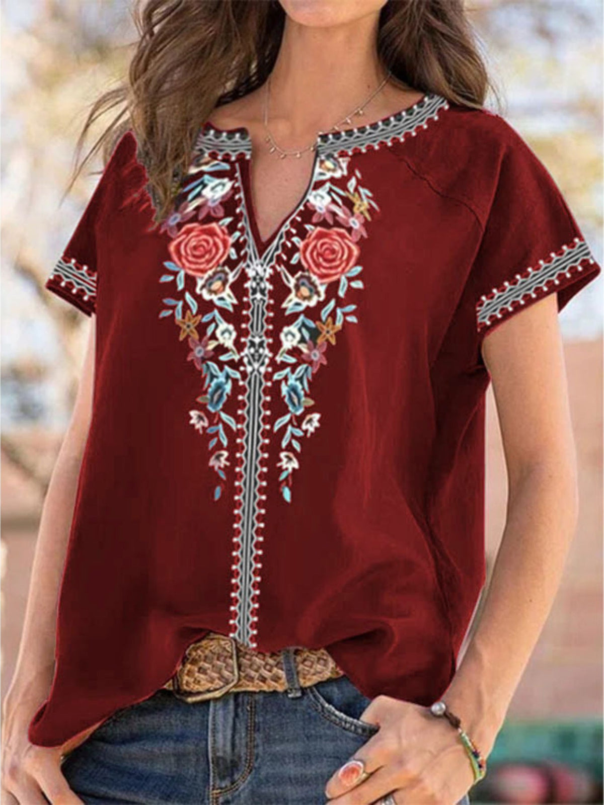 Full Size Floral Notched Short Sleeve Blouse Plus Size