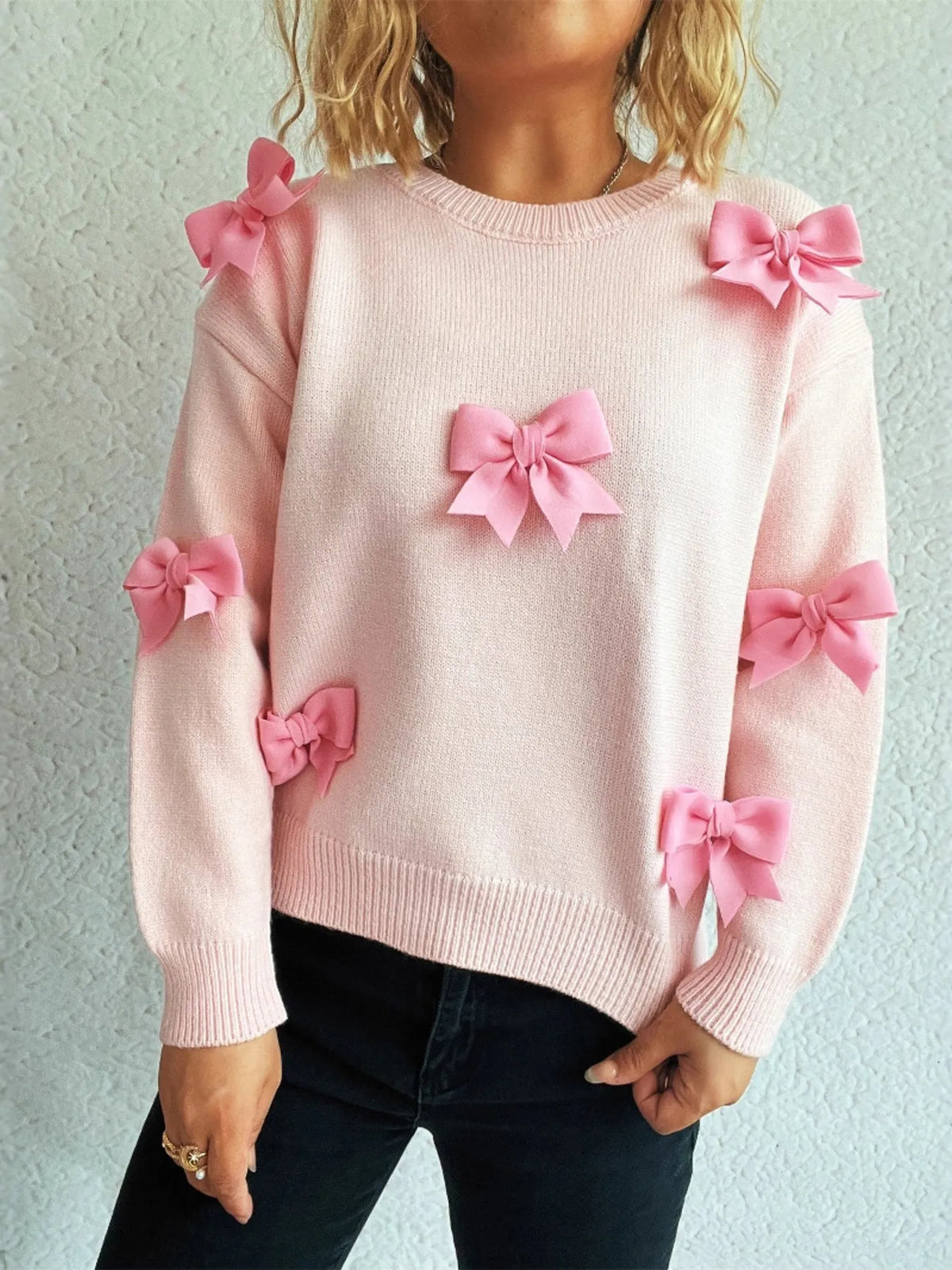 Bow Round Neck Long Sleeve Sweater