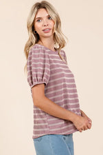 Mittoshop Contrast Striped Short Puff Sleeve Knit Top