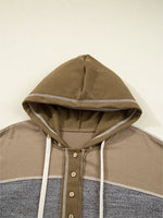Mixed Texture Patchwork Exposed Seam Half Button Hoodie