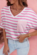 Stripe V Neck Patched Pocket Casual T Shirt