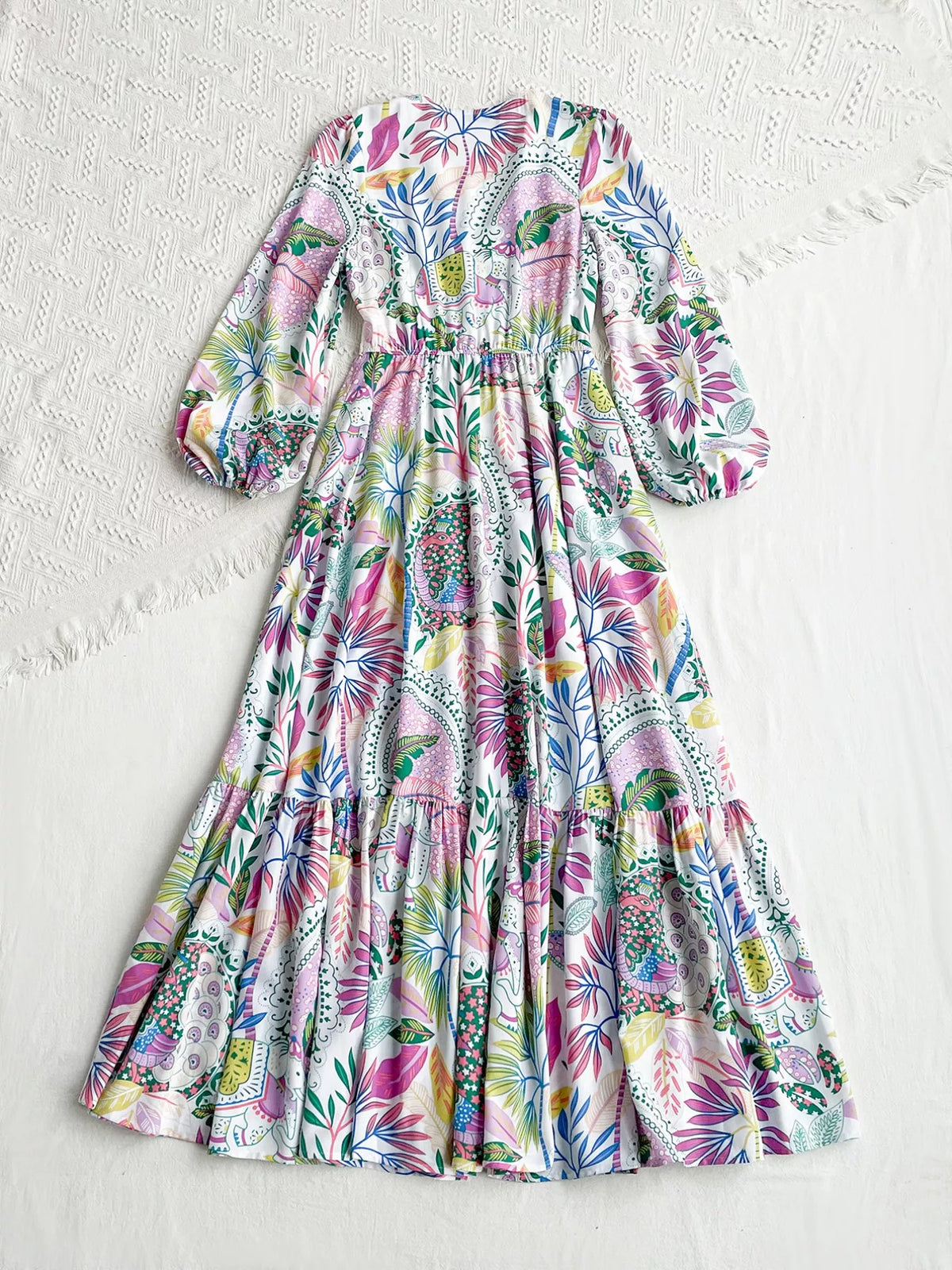 Lace Detail V-Neck Balloon Sleeve Dress