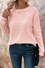 Fuzzy Ribbed Texture Round Neck Long Sleeve Top