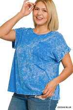 Zenana Full Size Crinkle Washed Round Neck Folded Short Sleeve Tee Plus Size
