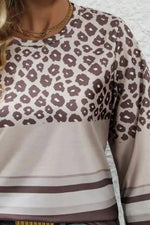Plus Size Leopard Round Neck Long Sleeve Top