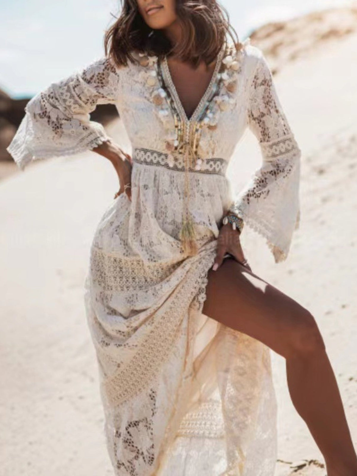 Bohemian Lace Maxi Dress with Bell Sleeves