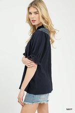 Umgee Textured Henley Blouse with Ruffle Cuffs
