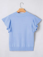 Solid Color Ribbed Trim Round Neck Ruffle Short Sleeve Sweater