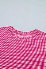Stripe Raised Rib Loose Tee Drawstring Elastic Waist 2pcs Short Set