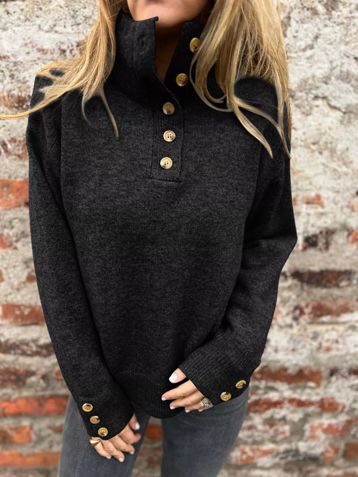 Full Size Button-Detail Turtleneck Sweater Plus Size