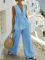 V-Neck Sleeveless Peplum Top and Wide-Leg Pants Set