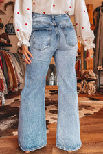 Acid Wash Pocket Detail Flare Jeans