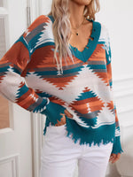 Geometric Frayed Hem V-Neck Long Sleeve Sweater