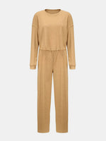 Waffle-Knit Round Neck Top and Pants Set
