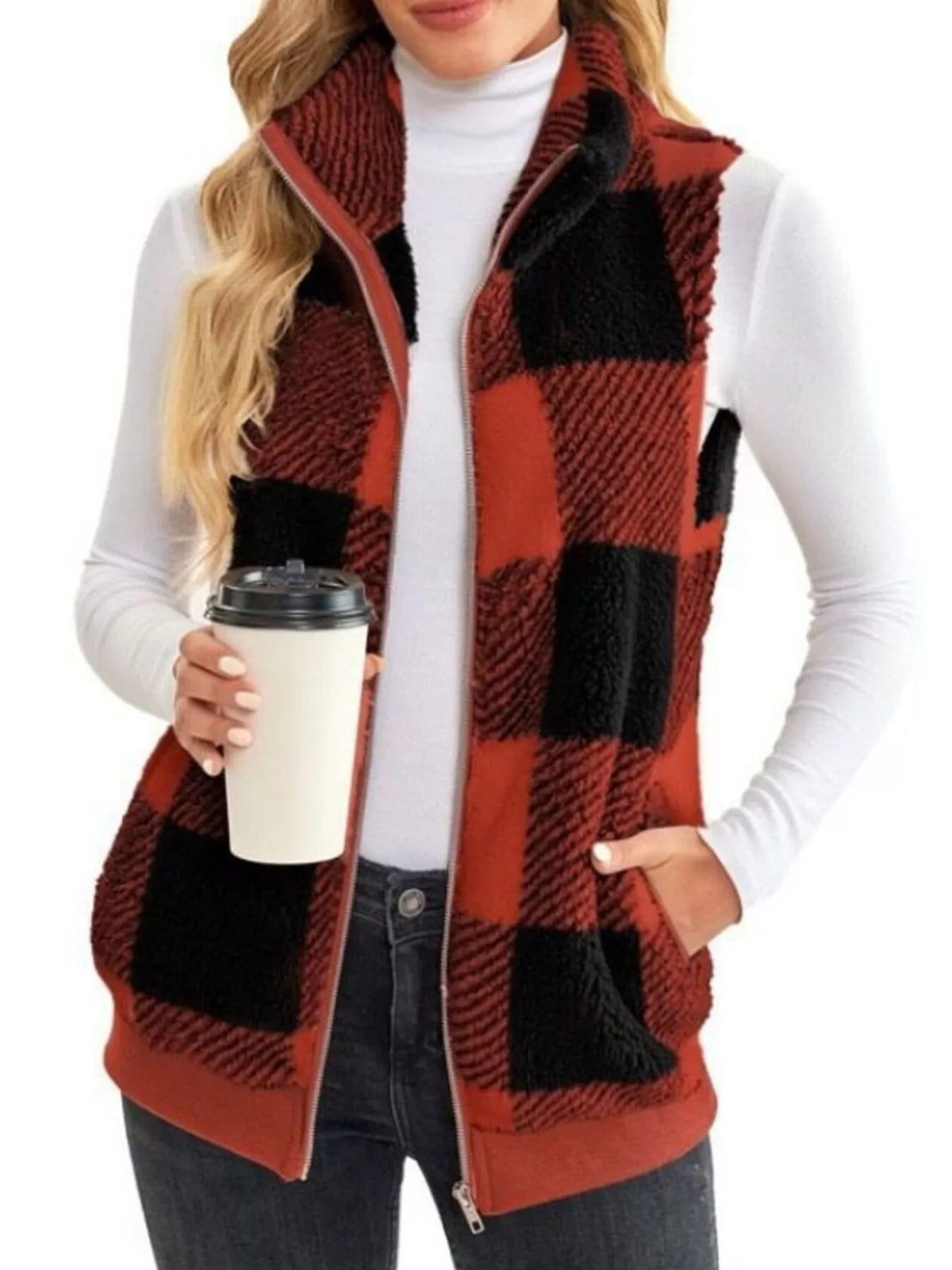 Full Size Color Block Zip Up Vest Coat Plus Size