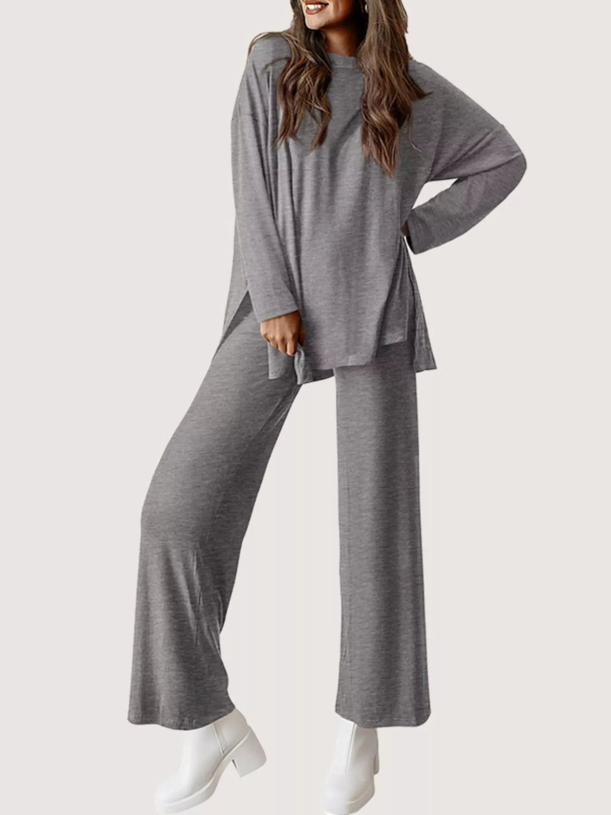 Casual Loose Long Sleeve Top and Wide Leg Pants Set