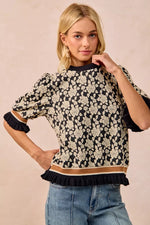 BiBi Textured Rose Knit Top Contrast Banded Puff Sleeve