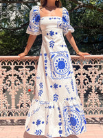 Floral Square Neck Puff Sleeve Maxi Dress with Ruffle Hem