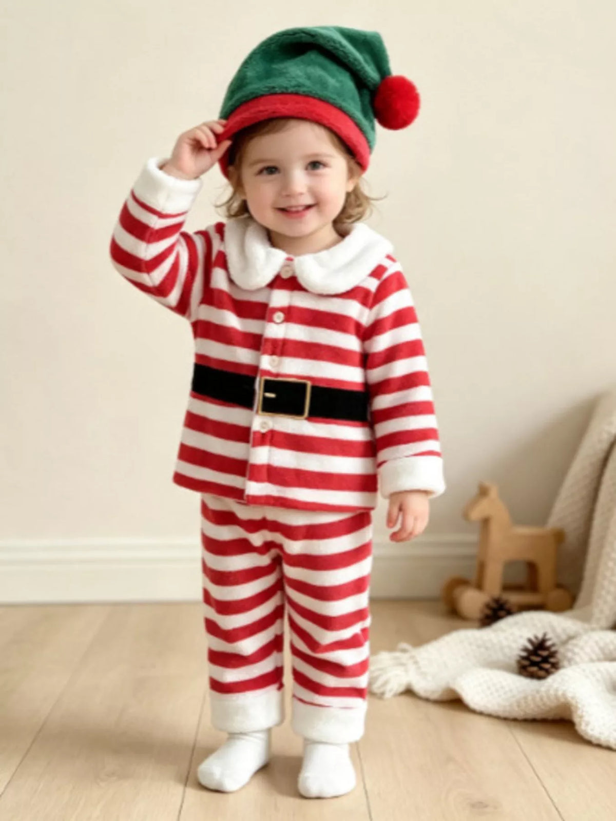 Children's Christmas Striped Pajama Set with Matching Hat