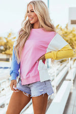 Slit Contrast Round Neck Long Sleeve Sweatshirt