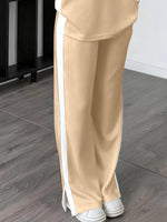 Full Size Contrast Round Neck Top and Pants Set Plus Size
