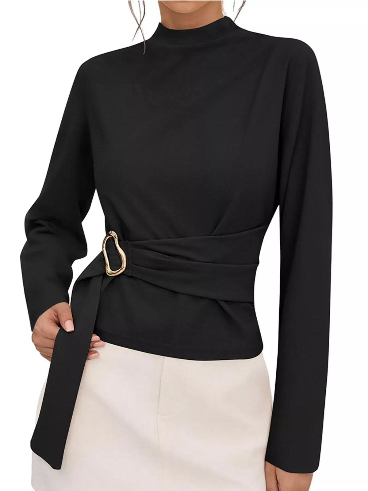 Mock Neck Blouse with Waist-Defining Metal Buckle Detail