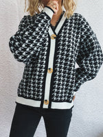 Houndstooth Pattern V-Neck Button-Up Cardigan