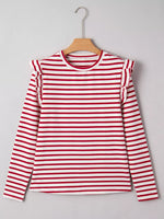 Stripe Round Neck Ruffle Trim Long Sleeve Top