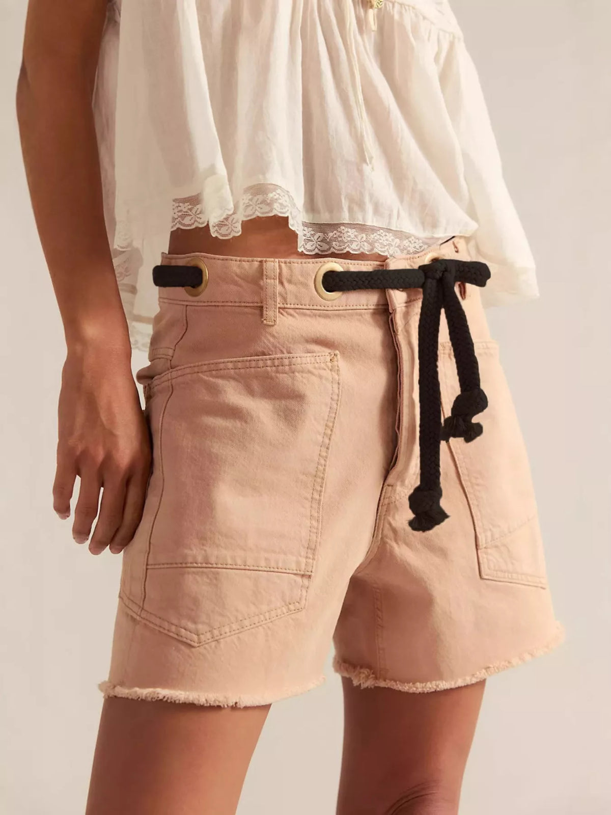 Drawstring Raw Hem Denim Shorts