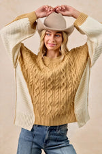 BiBi Cable Knit With Hacci Combo Sweater With Uneven Hem Detail