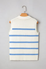 Stripe Split V Neck Collared Ribbed Sweater Vest