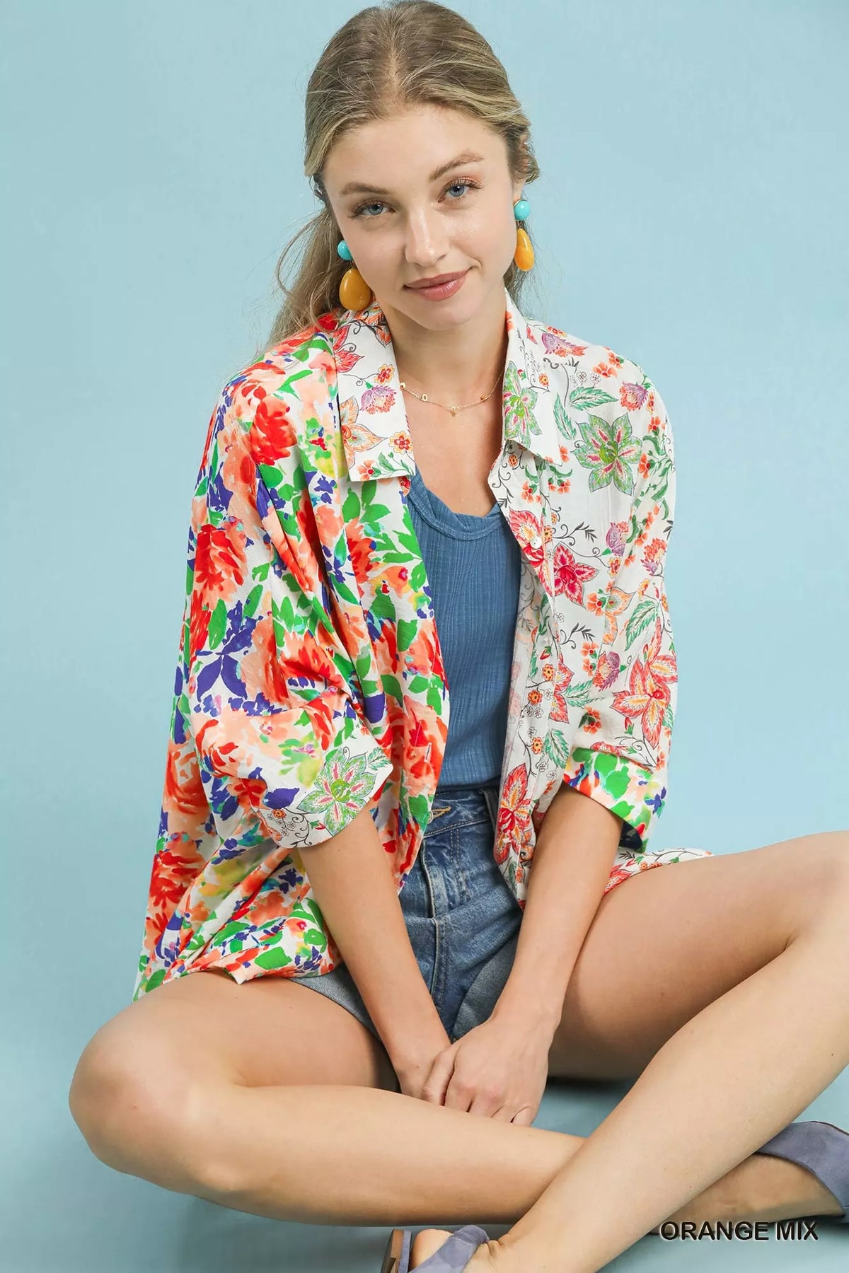 Umgee Mixed Floral Oversized Button Down Shirt