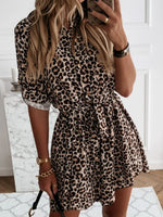 Printed Tie Waist Roll-Tab Sleeve Mini Dress