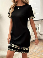 Full Size Leopard Trim Round Neck Mini Dress Plus Size