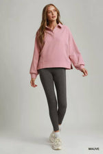 Umgee Brushed Waffle Polo Collared Pullover