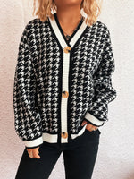 Houndstooth Pattern V-Neck Button-Up Cardigan