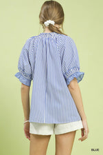 Umgee Stripe Ruffle Sleeve Split-Neck Blouse