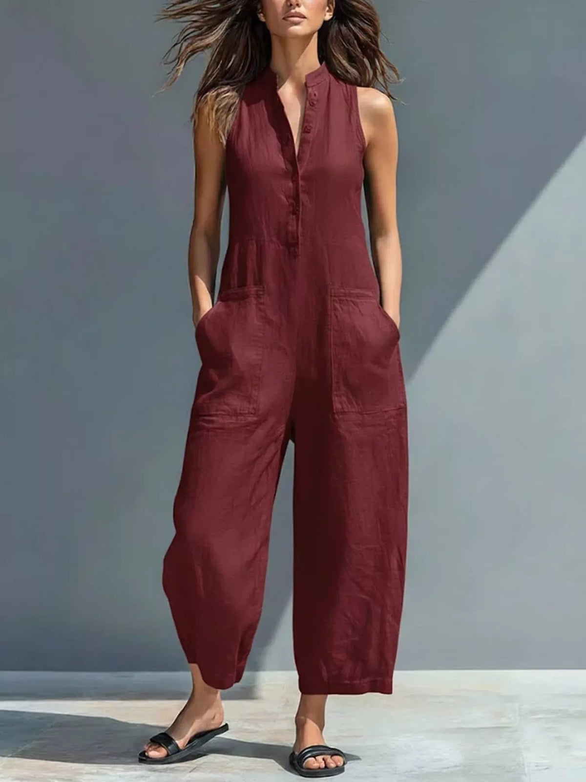 Full Size Button Front Sleeveless Jumpsuit Plus Size