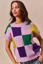 SO ME Mardi Gras Check Plaid Casual Sweater Top