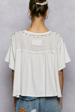 POL Lace Pearl Stud Round Neck Short Sleeve Shirt