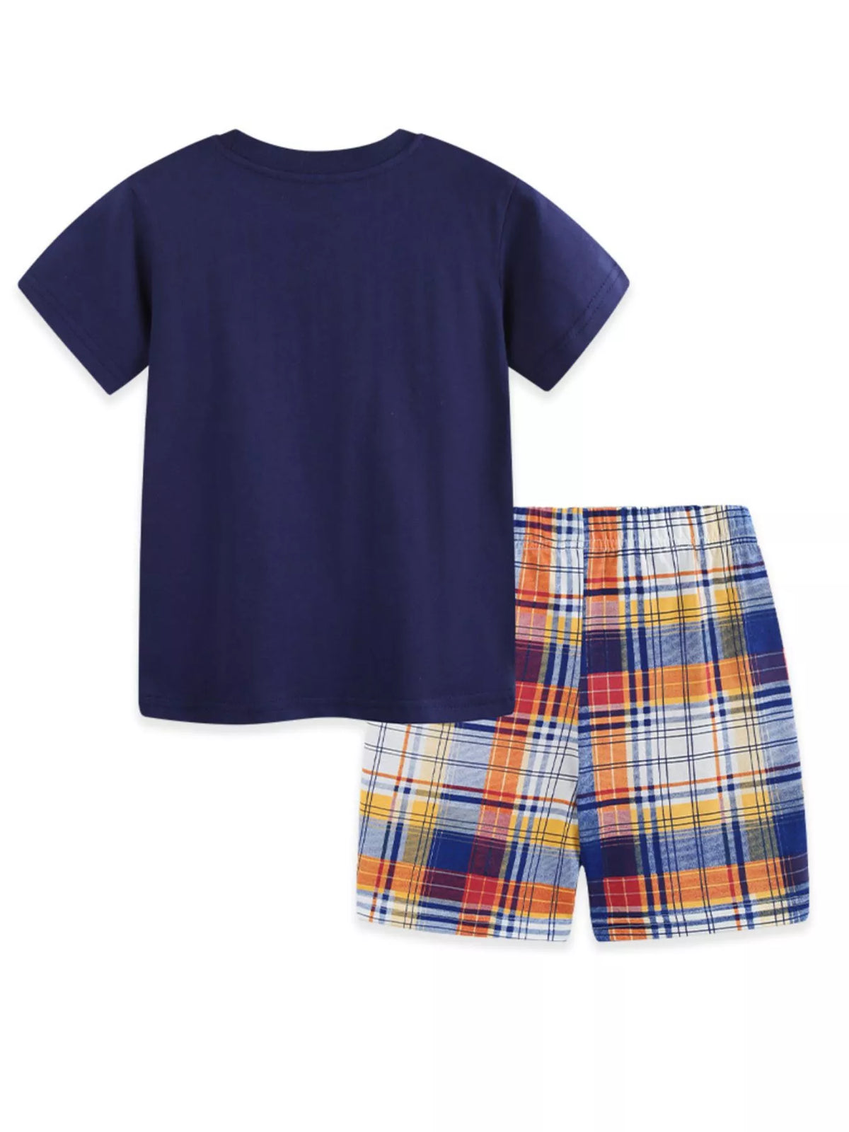 Children's Construction Vehicle Print Tee & Plaid Shorts Set