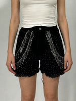 Rhinestone Chain Raw Hem Denim Shorts