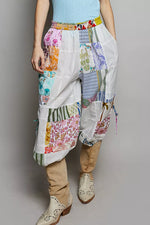 POL Printed Patchwork Wide Leg Pants with Adjustable Side Drawstring