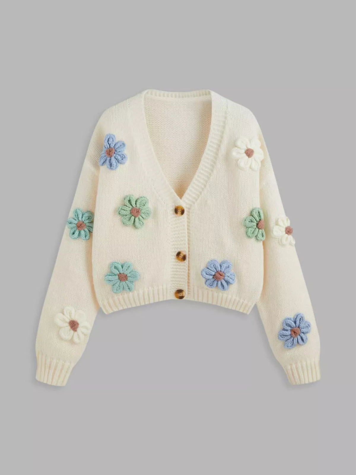 Floral Applique V-Neck Knit Cardigan