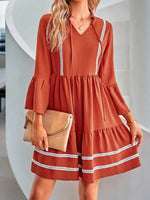 Tie-Neck Long Sleeve Mini Dress with Trim Detail