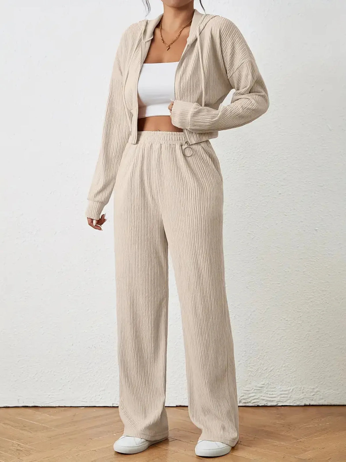 Drawstring Zip Up Hooded Top and Pants Set