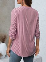 Striped V-Neck Roll-Up Sleeve Blouse
