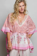 POL Block Print Floral Tie Front Boho Blouse